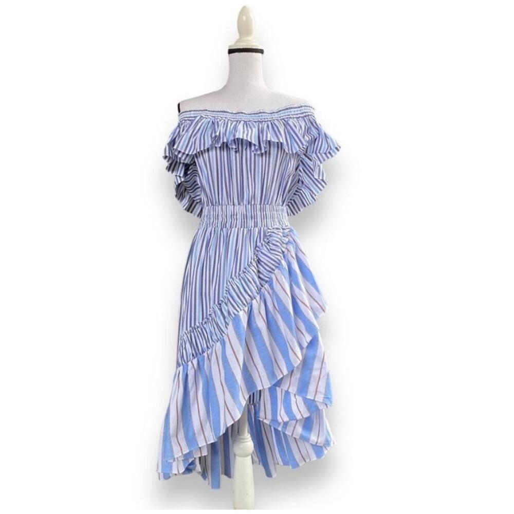Anthropology MISA LA Marin Ruffle Dress Sz M Blue White Stripe Off Shoulder